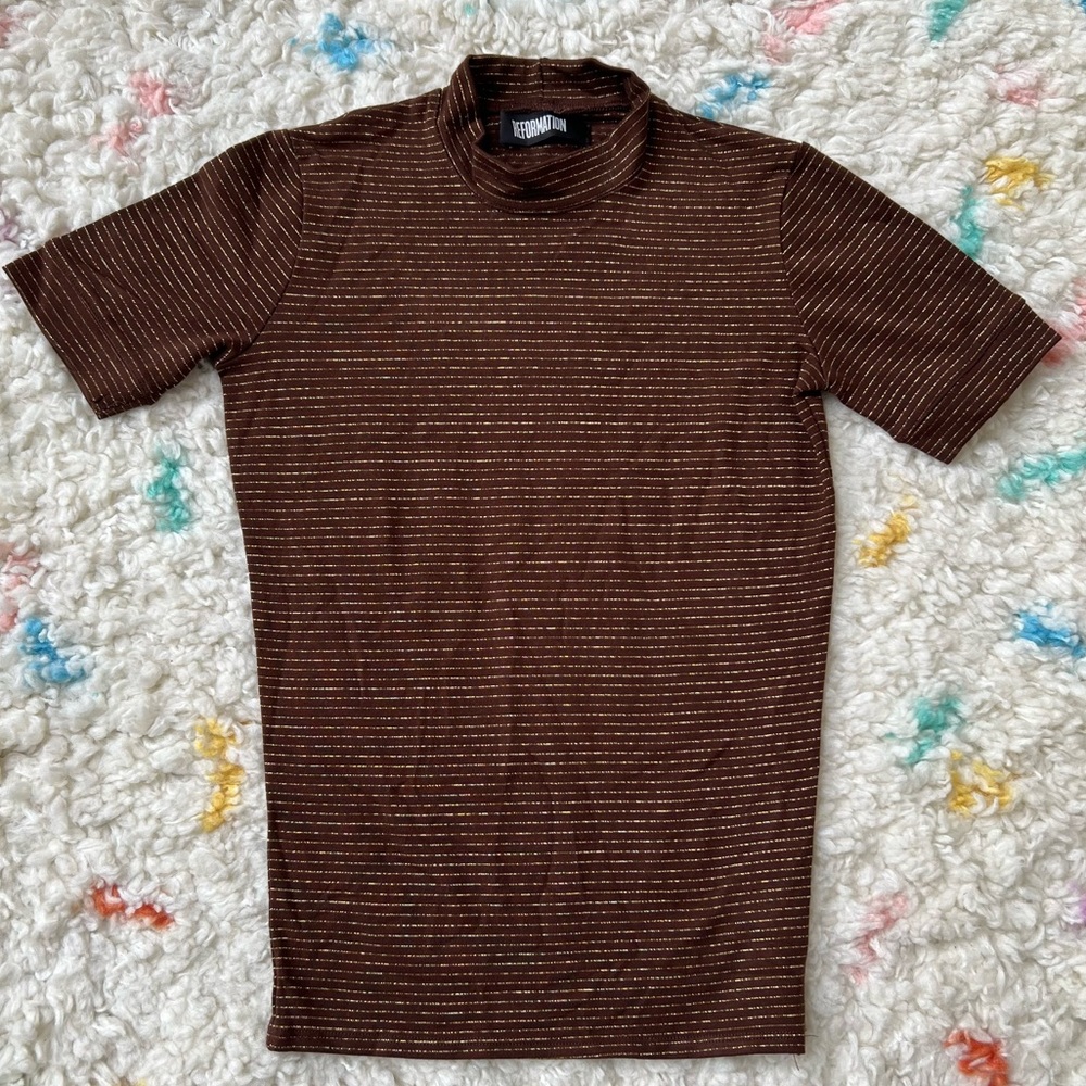 Reformation Brown Striped Short Sleeve Tee - Picture 2 of 8